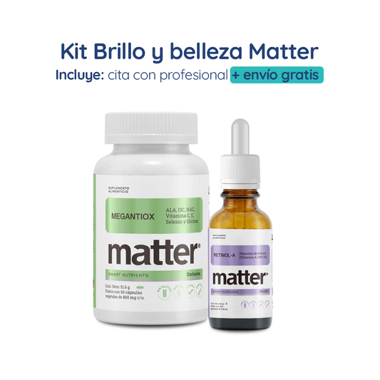 Kit de Suplementación Brillo y Belleza Matter | Retinol 60ml + Megantiox Fórmula Exclusiva con ALA, I3C, NAC, Vitamina C, Vitamina E, Selenio y Glicina 860mg