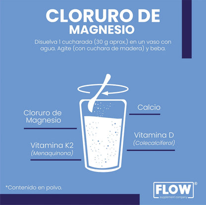 Cloruro de Magnesio Premium + Calcio + Vitamina D + K2 30g de Flow Supplements  | Apoyo para la función ósea y muscular, que promueve la relajación | Polvo de 250g