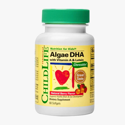 Alga DHA 100mg con Vitamina A 180mg y Luteína de Child Life | Apoya el desarrollo cognitivo en niños en crecimiento | 60 cápsulas blandas Sabor a Bayas