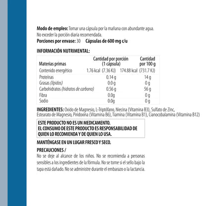 L-Triptófano, Óxifdo Magnesio y Vitaminas del Complejo B 600mg de Inner C-LM | Apoyo para el buen Sueño y Descanso | 30 cápsulas vegetales