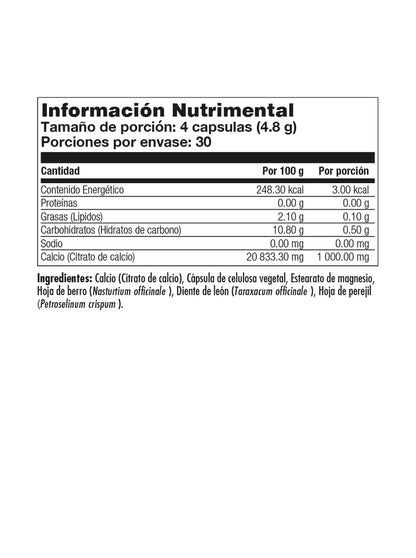 Citrato de Calcio 1000mg de KAL con Hoja de Berro, Diente de León y Extracto de Perejil | Apoyo Óseo | 120 Cápsulas Vegetales