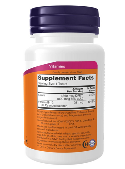 Ácido Fólico 800 mcg con Vitamina B-12 de NOW Foods | Complejo de Vitamina B para Metabolismo de la Homocisteína | 250 Tabletas