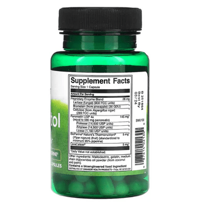 Mezcla de Enzimas patentadas 28mg + Pancreatina 145mg y Bioperina 5mg de Swanson | Bienestar digestivo, ayuda a reducir la hinchazón | 60 cápsulas vegetales