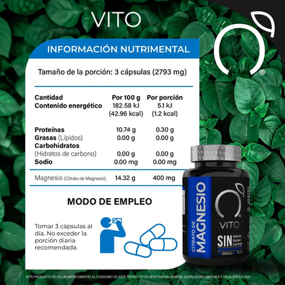 DUO: CITRATO DE MAGNESIO 931mg por cápsula de Vito | Promueve la función ósea, muscular y cardiovascular | DUO de 240 cápsulas vegetales