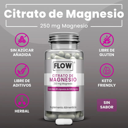 Citrato de Magnesio 250mg de Flow Supplements, por porción 1500mg |  Apoyo de la función y fortalecimiento óseo y muscular | 90 cápsulas vegetales