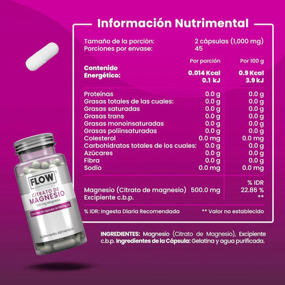Citrato de Magnesio 250mg de Flow Supplements, por porción 1500mg |  Apoyo de la función y fortalecimiento óseo y muscular | 90 cápsulas vegetales