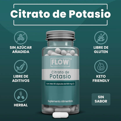 Citrato de Potasio + Proteína de soya + Citrato de Magnesio 1000mg por porción de Flow Supplements | Apoya la función renal y muscular, apoyando la contracción y relajación adecuadas de los músculos | 90 cápsulas vegetales