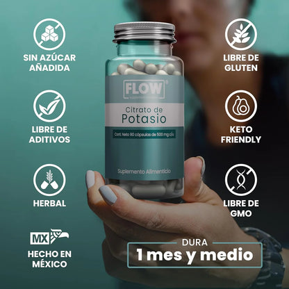 Citrato de Potasio + Proteína de soya + Citrato de Magnesio 1000mg por porción de Flow Supplements | Apoya la función renal y muscular, apoyando la contracción y relajación adecuadas de los músculos | 90 cápsulas vegetales