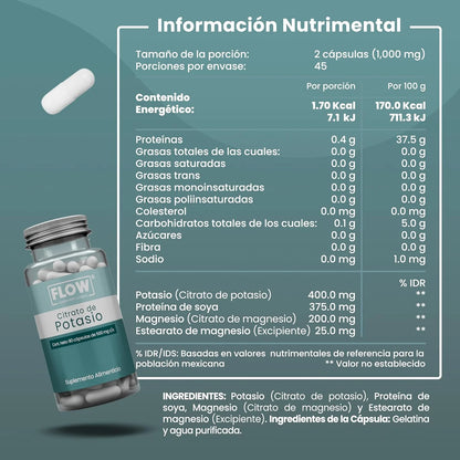 Citrato de Potasio + Proteína de soya + Citrato de Magnesio 1000mg por porción de Flow Supplements | Apoya la función renal y muscular, apoyando la contracción y relajación adecuadas de los músculos | 90 cápsulas vegetales