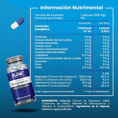 Cloruro de Magnesio + Calcio + Vitaminas K2 y D 500mg de Flow Supplements | Apoyo del Sistema Cardiovascular y Muscular | 100 cápsulas vegetales