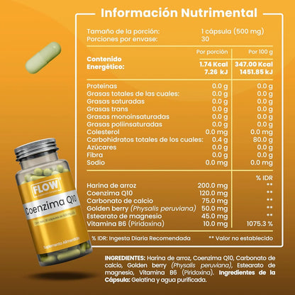 Coenzima Q10 120mg + Golden Berry + Vitamina B6 de Flow Supplements | Apoya la función cardiovascular, promoviendo la circulación sanguínea | 30 cápsulas vegetales