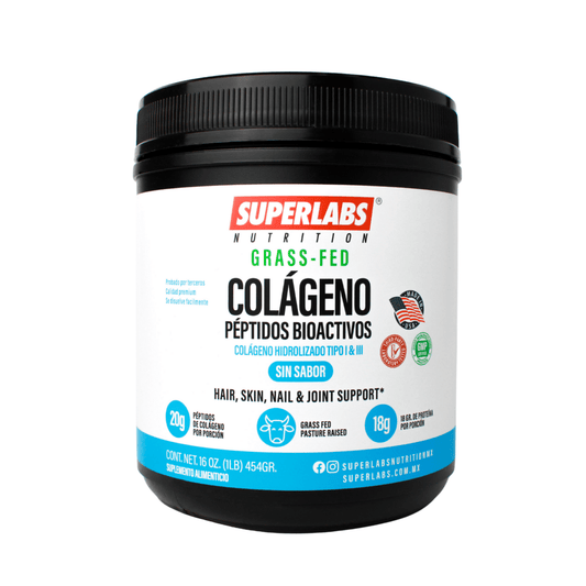 Colágeno Hidrolizado Grass Fed Superlabs| Favorece firmeza y apariencia de la piel, cabello y uñas | Polvo 454g Sin sabor