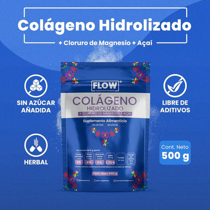Colágeno Hidrolizado + Cloruro de Magnesio + Acaí 15g de Flow Supplements | Fortalece huesos y articulaciones, apoyando la función muscular | Polvo de 500g