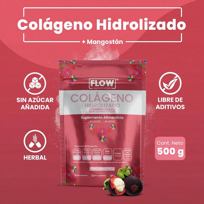 Colágeno Hidrolizado + Mangostán con vitaminas y minerales  15g de Flow Supplements | Fortalece el cabello, la piel y las uñas | Polvo de 500g