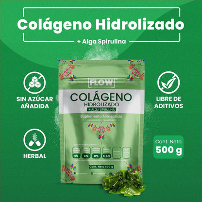 Colágeno Hidrolizado + Alga Spirulina 15mg con vitaminas de Flow Supplement |  Formulado para fortalecer huesos y articulaciones, aumentando los niveles de energía  | Polvo de 500g