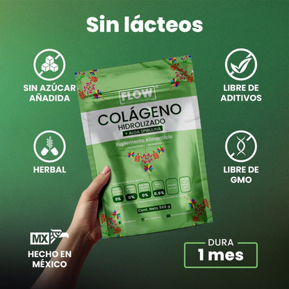 Colágeno Hidrolizado + Alga Spirulina 15mg con vitaminas de Flow Supplement |  Formulado para fortalecer huesos y articulaciones, aumentando los niveles de energía  | Polvo de 500g