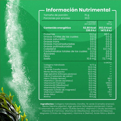 Colágeno Hidrolizado + Alga Spirulina 15mg con vitaminas de Flow Supplement |  Formulado para fortalecer huesos y articulaciones, aumentando los niveles de energía  | Polvo de 500g