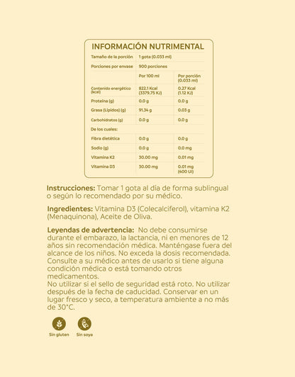 D3 400 UI + K2 de NutriADN | Mantenimiento de huesos y dientes, sistema inmunológico | 30 ml