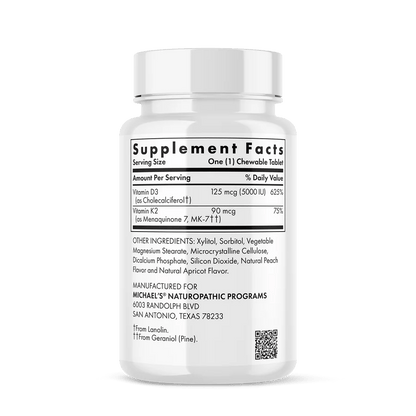 D3 5000 IU con Vitamina K2 90mcg de Michael's Health | Apoya el sistema inmunológico | 90 Masticables Vegetarianos Sabor Albaricoque