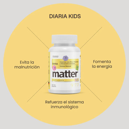 Gomitas con Fibra, Vitaminas y Minerales Quelados Diaria Kids Matter Sabor Cereza Natural | Bienestar Infantil Diario | 60 Gomitas