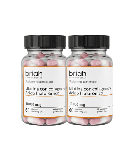 Duo Biotina con colágeno y ácido Hialurónico de Briah | 60 Cápsulas