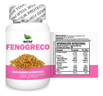 Fenogreco 500 mg, NATSA | Fuente natural de fibra y antioxidantes, bienestar hormonal femenino  | 100 cápsulas