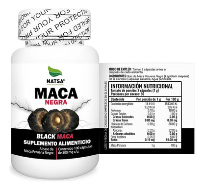 Maca Negra 500 mg NATSA | Apoya el rendimiento físico y mental  | 100 cápsulas