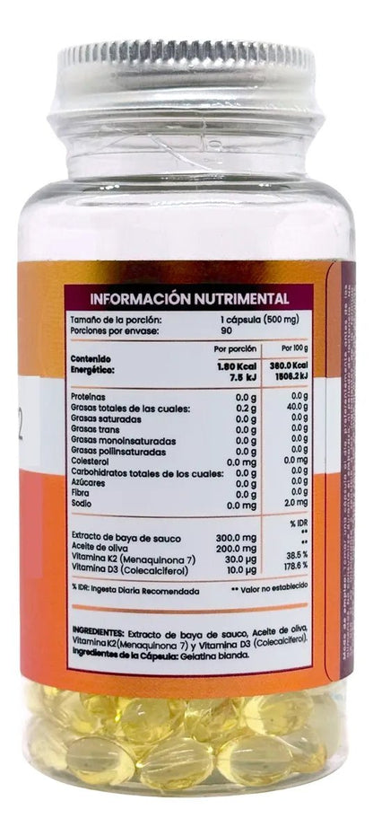 Vitamina D3+K2 500mg con extracto de baya de Flow Supplement | Apoyo de la función cardiovascular e Inmunológica | 90 cápsulas vegetales