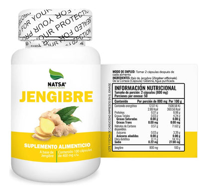 Jengibre 400 mg NATSA | Aporta compuestos antioxidantes naturales | 100 cápsulas