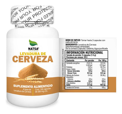 Levadura de Cerveza 500 mg Natsa | Apoya el sistema digestivo y microbiota intestinal | 100 cápsulas