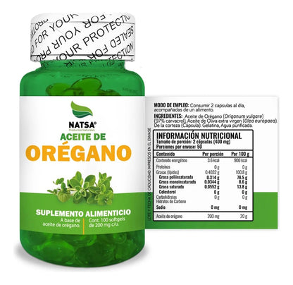 Aceite de orégano 200 mg de Natsa | Aporta propiedades antimicrobianas y antifúngicas, inmune  | 100 cápsulas