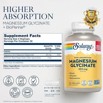 Glicinato de Magnesio 350mg de Solaray | Relajación muscular, sueño reparador y reducción del estrés | 120 cápsulas veganas