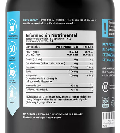 L-Treonato de Magnesio, Melena de León y Colágeno Hidrolizado Threonate Mag de B-Life | 180 Cápsulas