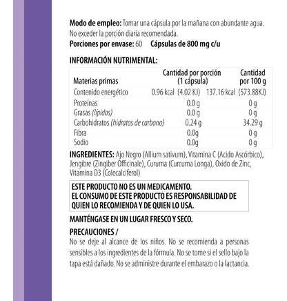 Ajo negro, Vitamina C, Cúrcuma, Vitamina D3, Oxido de Zinc y Jengibre 800mg de Inner IMMNTY | Apoyo de la función Inmunológica | 60 cápsulas vegetales