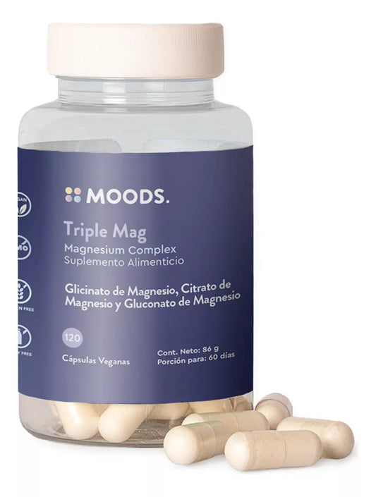 Glicinato, Citrato y Gluconato de Magnesio 164mg de Moods | Proporciona relajación y buen descanso, mejorando la función nerviosa | 120 cápsulas veganas