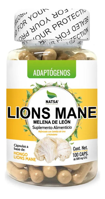 Melena de León - Lions Mane 500 mg de NATSA | Memoria y estado de ánimo, antioxidante y antiinflamatorio | 100 cápsulas