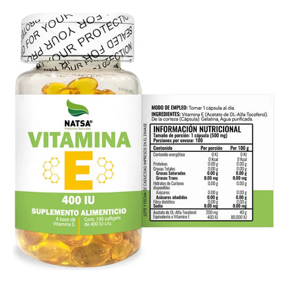 Vitamina E 400 IU  Natsa | Complementa rutinas de bienestar antioxidante  | 100 cápsulas blandas