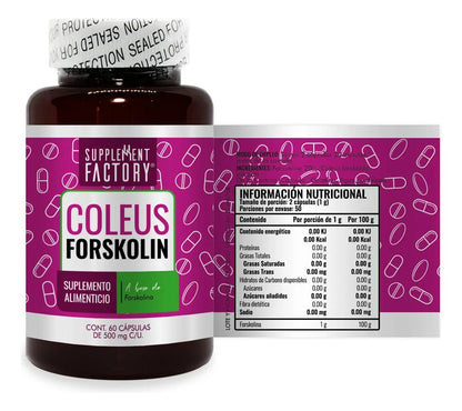 Forskolina 20%, Coleus Forskohlii 500 mg Supplement Factory | Promueve el equilibrio metabólico y la composición corporal | 60 cápsulas