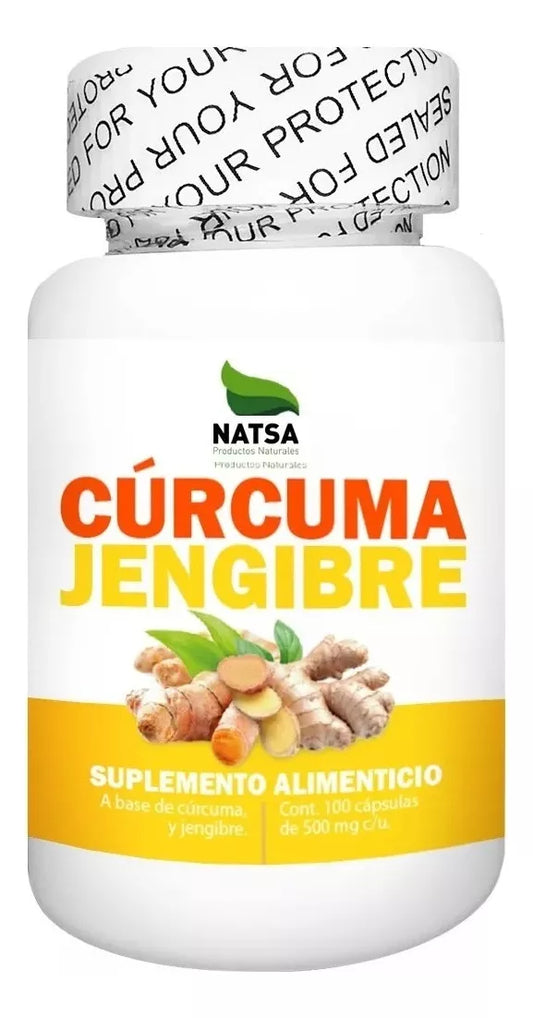 Cúrcuma 500mg y Raíz de Jengibre 500mg de Natsa | Alivio de la inflamación estomacal - Bienestar Digestivo | 100 cápsulas vegetales