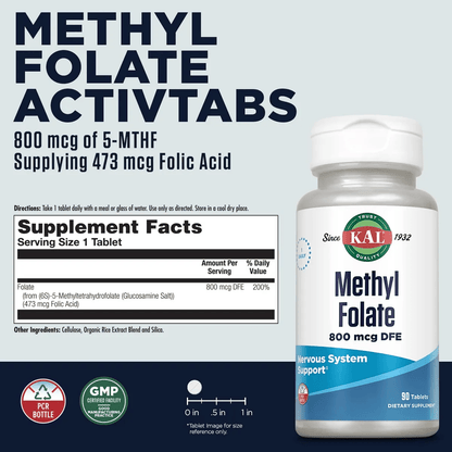 Metil Folato 400 mcg DFE de KAL | Función cardiovascular y cognitiva, Bienestar mental, Apoyo en el embarazo, Desarrollo fetal | 90 Tabletas