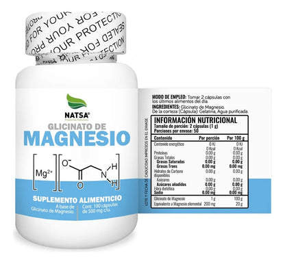 Glicinato de Magnesio 500 mg NATSA,  | Apoya la función muscular y neuromuscular | 100 cápsulas