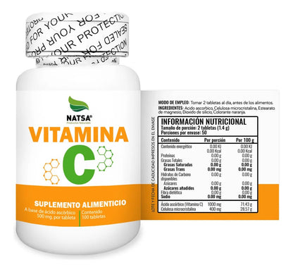 Vitamina C, Ácido Ascórbico 500 mg Natsa | Apoya el funcionamiento del sistema inmune | 100 tabletas