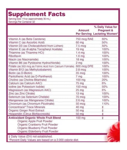 Multivitamínico 30ml por porción Prenatal y Postnatal de Mary Ruth's | ayuda en el desarrollo fetal, la inmunidad materna, y la recuperación tras el nacimiento | Líquido de 946ml