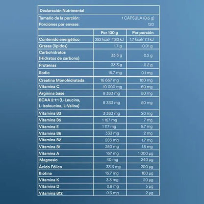 Creatina + BCAA´s + Vitaminas A,B, D, E y K 600mg Alpha de WU Nutrition | Ayuda a mejorar tu fuerza y resistencia, además de reducir la fatiga muscular | 120 cápsulas vegetales
