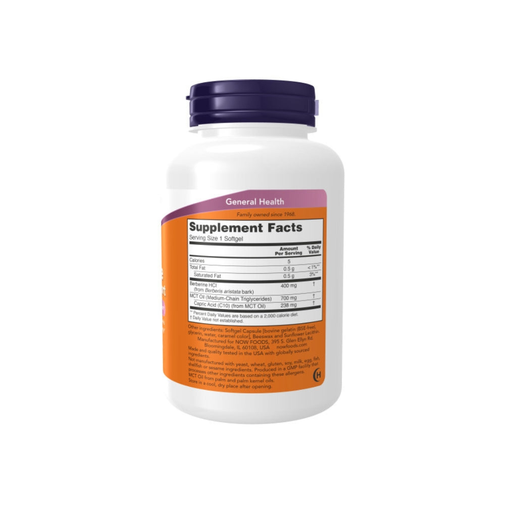 Berberina Soporte de Glucosa 400mg + MCT de NOW Foods | Apoyo al Metabolismo de la Glucosa | 90 cápsulas blandas