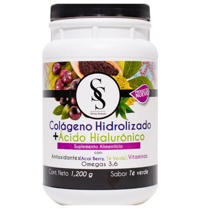 Colágeno Hidrolizado + Ácido Hialurónico con Antioxidantes, Vitaminas y Omegas 24g por porción de Silvia Strauss | Fortaleza de los huesos, articulaciones y cartílagos - Piel hidratada y saludable | Polvo de 1200g y 20 Sobres de 24g Sabor Té Verde