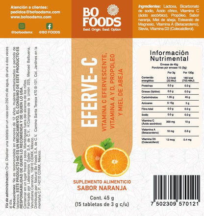 Vitamina C, A y D3 + propóleo y miel | Eferve - C de Bo Foods | Duo de 18 tabletas