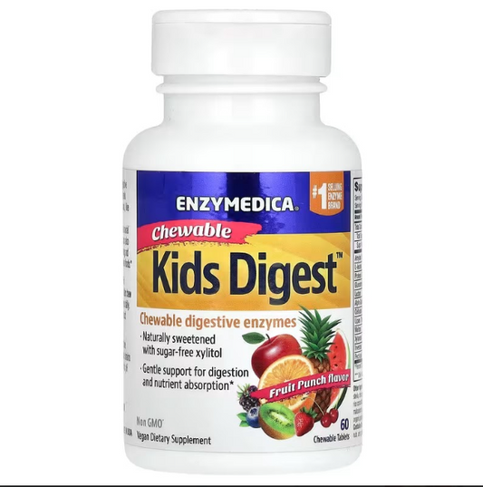 Enzimas Digestivas para Niños - Sabor Frutas Tropicales de Enzymedica | Apoyo Digestivo Suave y Absorción de Nutrientes - Sin Azúcar, Xilitol Natural | 60 Tabletas Masticables Veganas y Kosher