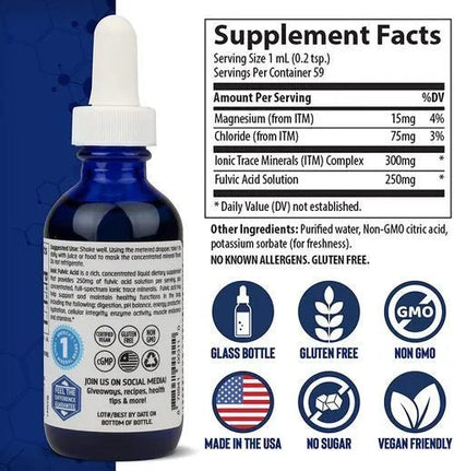 Ácido Fúlvico Iónico 250mg + Magnesio de Trace Minerals | Para el bienestar digestivo y proporcionar energía y vitalidad | 59ml