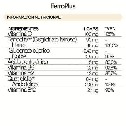 FerroPlus de IVB |  Hierro bisglicinato Ferrochel® con vitamina C, cobre, vitamina B12 y folatos | 60 Cápsulas